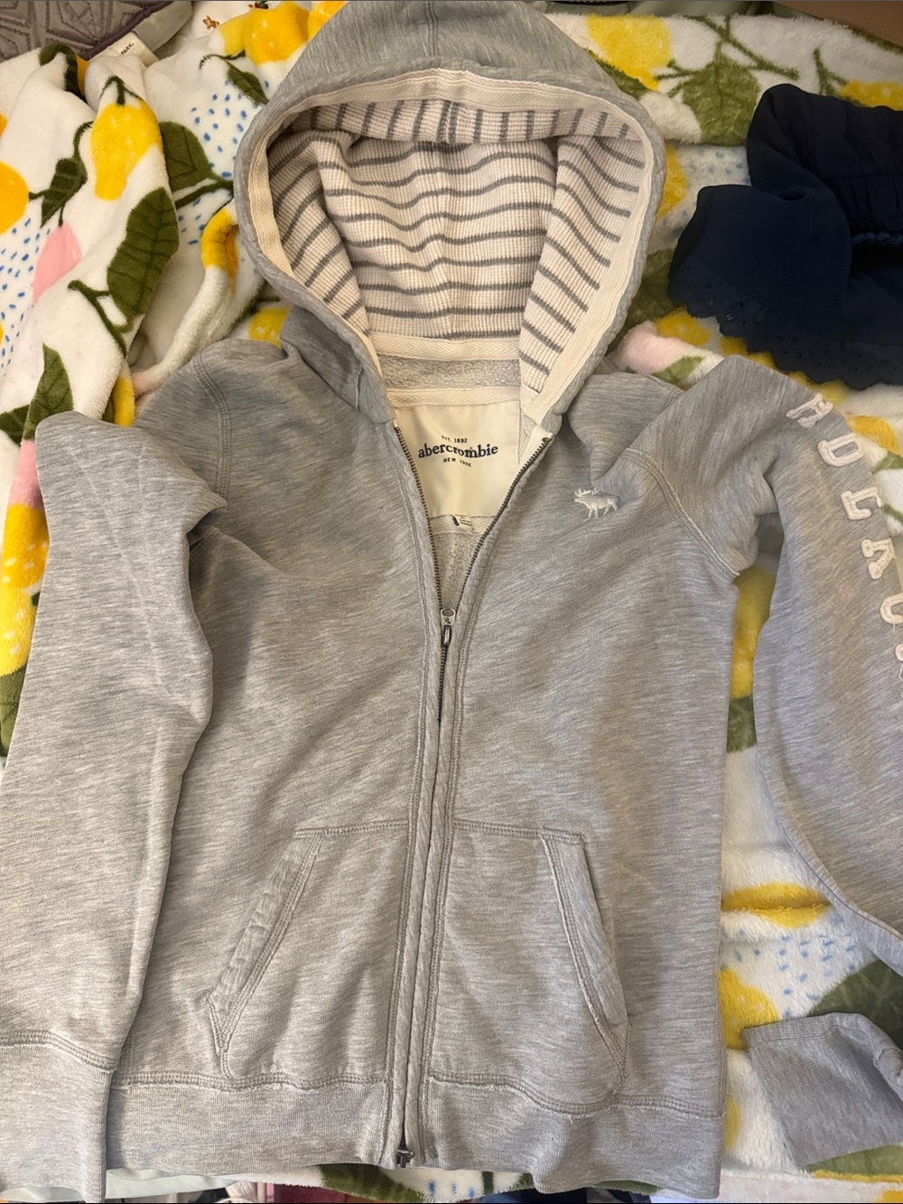 Abercrombie & Fitch Light Gray Hooded Zip Sweatshirt with Sleeve Branding